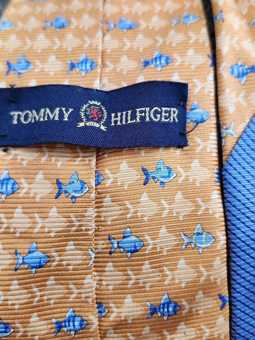 Tommy Hilfiger Vintage Orange Tie with Blue Fish Pattern Imported 100% Silk